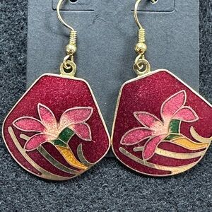 Elegant Cloisonné Floral Red and Gold Shepard Hook Earrings